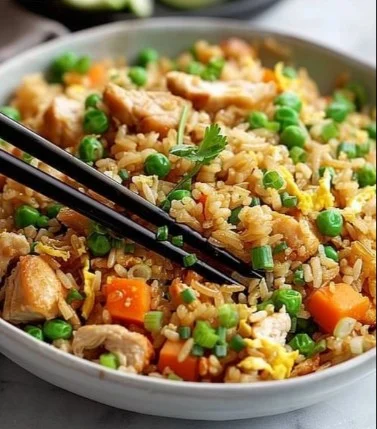Protein-Packed Chicken Fried Rice 2 Protein-packed chicken fried rice with vegetables and spices in a bowl