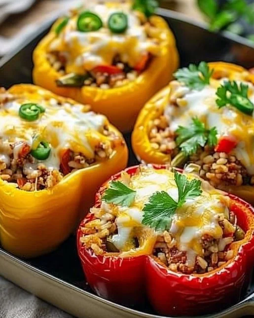 Stuffed Peppers 2 Colorful stuffed peppers filled with rice, meat, and vegetables on a plate