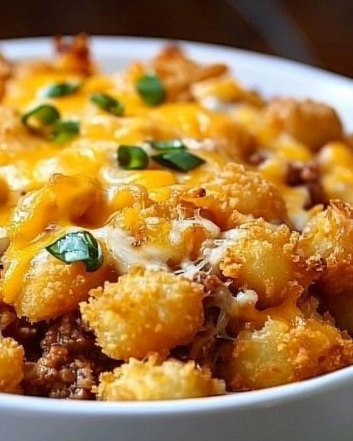 Delicious tater tot casserole topped with golden crispy tots and melted cheese