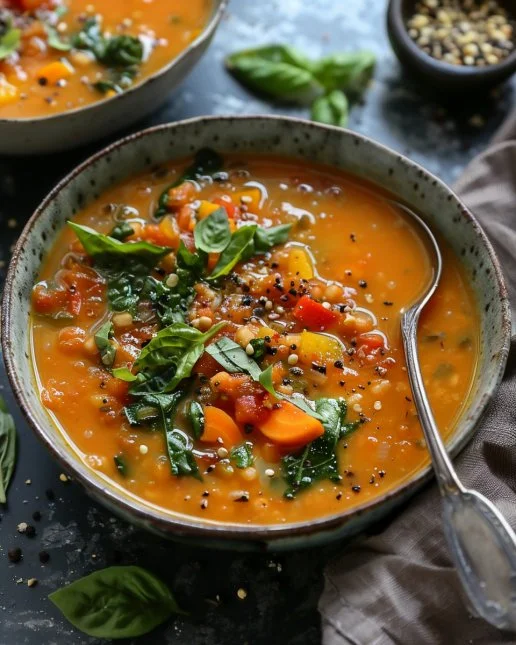 Bowl of hearty high-protein soup loaded with vegetables and beans