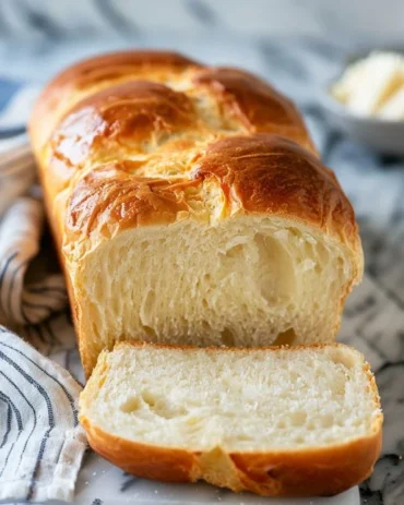 Freshly baked Amish White Bread loaf on a wooden table.
