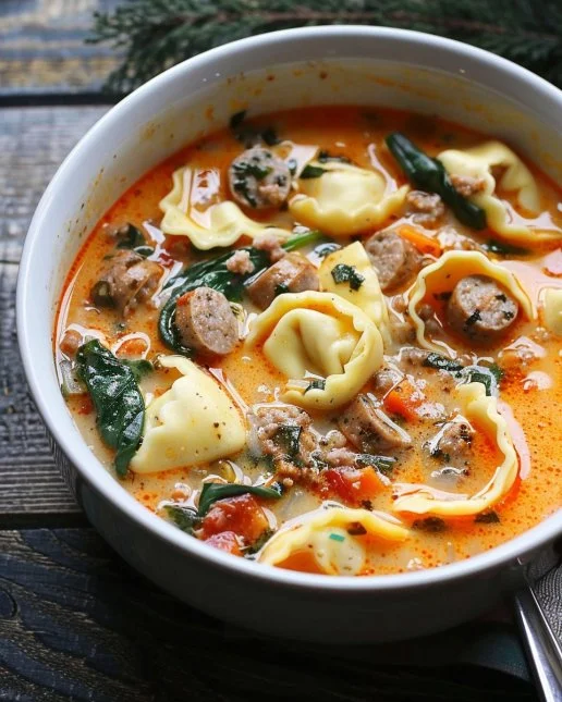 Bowl of Sausage Tortellini Soup with Spinach garnished with herbs