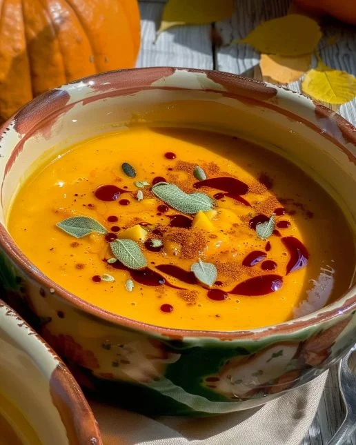 Bowl of autumn-spiced roasted pumpkin soup garnished with herbs.