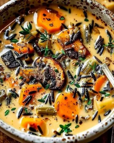 Delicious bowl of Autumn Wild Rice Soup garnished with herbs