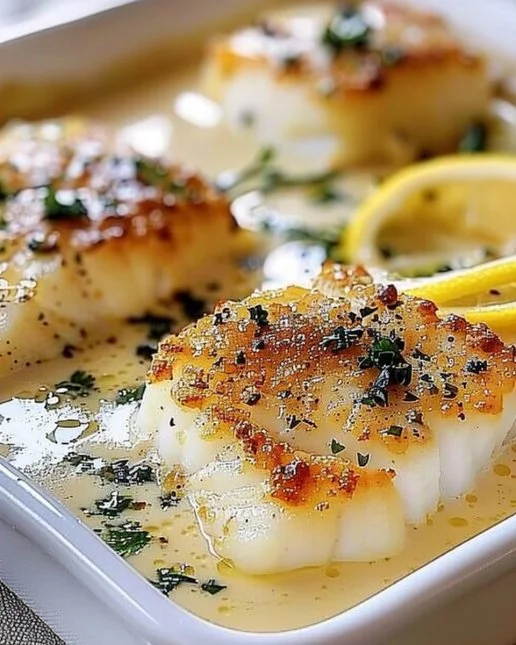Baked Cod in Coconut Lemon Cream Sauce 2 Baked cod topped with coconut lemon cream sauce on a white plate
