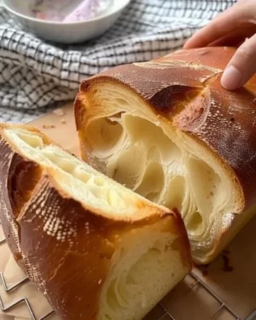Freshly baked bread on a wooden cutting board, showcasing a homemade recipe.