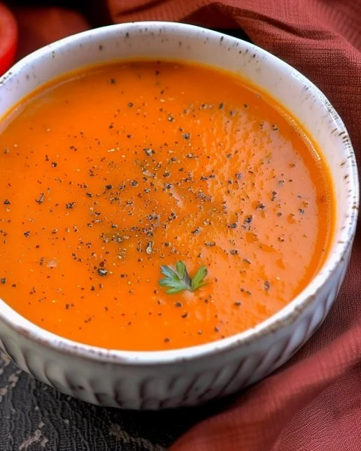 Carrot Tomato Soup 2 Bowl of vibrant Carrot Tomato Soup garnished with fresh herbs