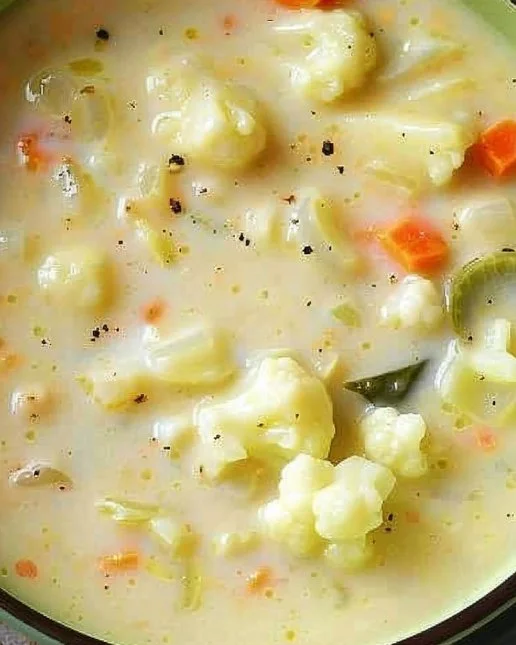 Bowl of creamy cauliflower soup topped with herbs and spices