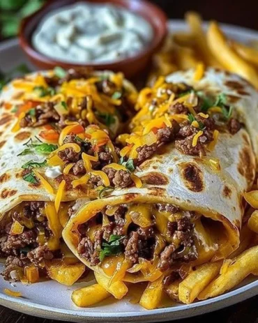 Delicious cheesy beef burritos served with crispy fries