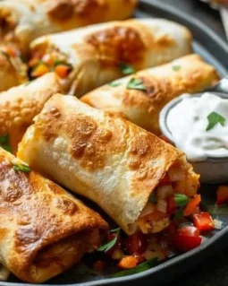 Delicious chicken chimichangas served with salsa and guacamole on a plate
