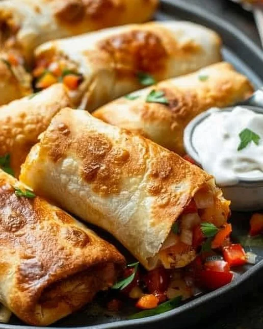 Delicious chicken chimichangas served with salsa and guacamole on a plate