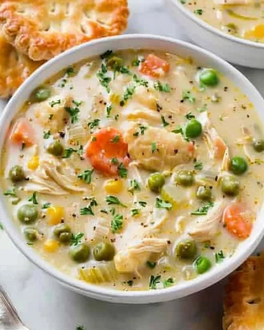 Chicken Pot Pie Soup 2 Delicious Chicken Pot Pie Soup topped with herbs in a bowl