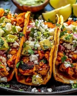Delicious Chicken Street Tacos served with fresh toppings and vibrant salsa.