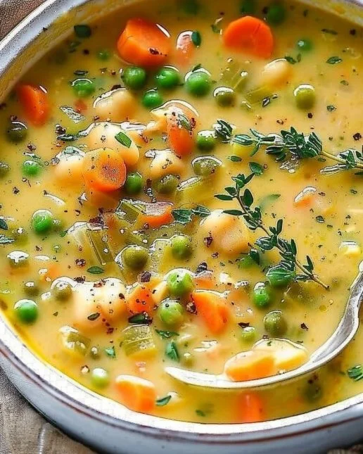 Bowl of comforting one-pot creamy vegetable soup with fresh vegetables