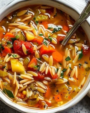 A bowl of cozy vegetable orzo soup with colorful vegetables and pasta.
