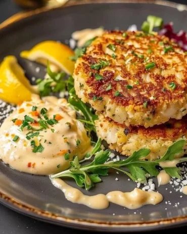 Plate of crab cakes served with lemon aioli sauce