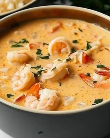 Delicious creamy crab and shrimp seafood bisque served in a bowl