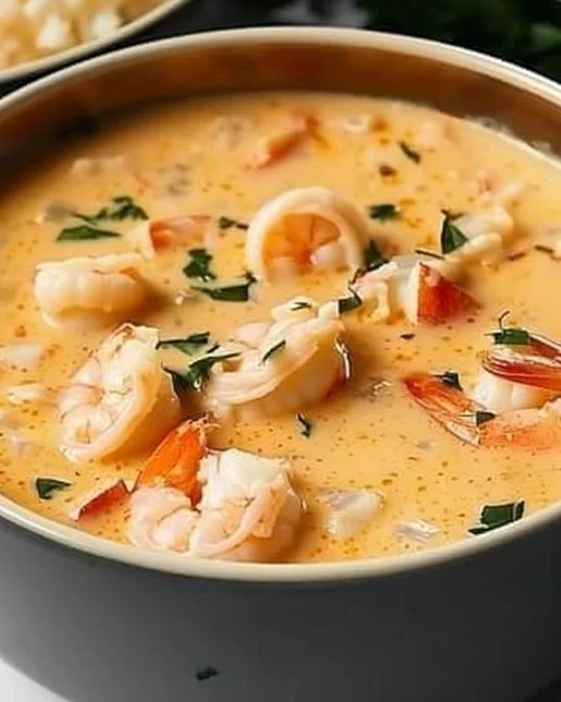 Creamy Crab and Shrimp Seafood Bisque 2 Delicious creamy crab and shrimp seafood bisque served in a bowl