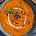Creamy roasted vegetable soup in a bowl garnished with herbs