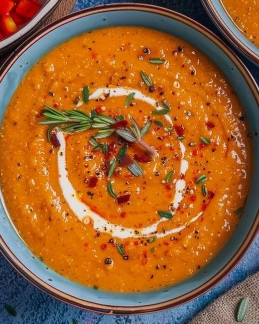 Creamy Roasted Vegetable Soup 2 Creamy roasted vegetable soup in a bowl garnished with herbs