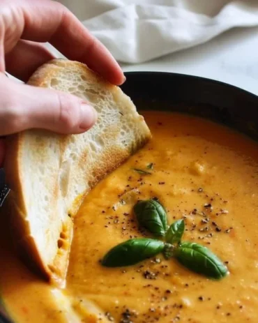 Bowl of creamy roasted veggie soup with colorful vegetables and herbs