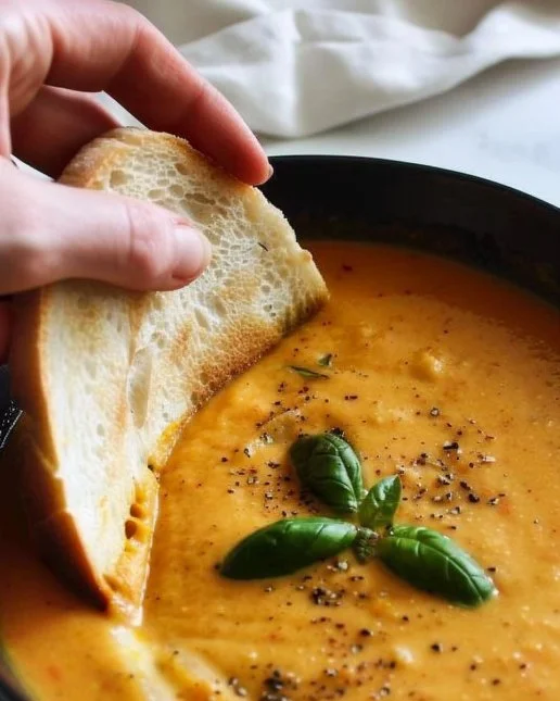 Bowl of creamy roasted veggie soup with colorful vegetables and herbs