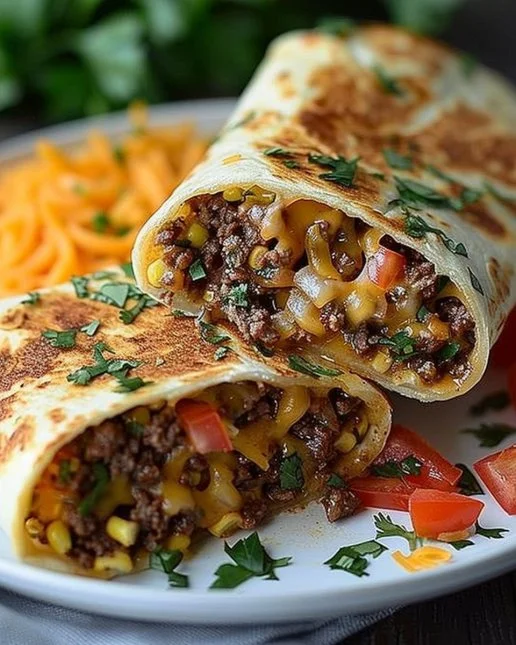 Easy Beef Burrito 2 Homemade easy beef burrito with fresh ingredients and toppings