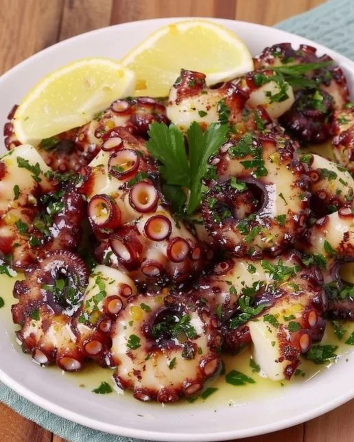 A plate of tender boiled octopus garnished with herbs and lemon slices