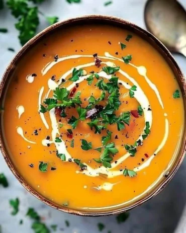 Bowl of easy butternut squash and sweet potato soup garnished with herbs