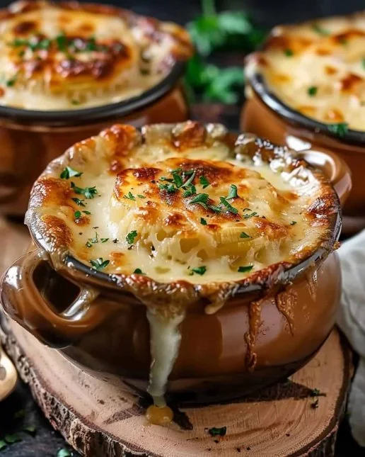 Bowl of easy French onion soup topped with melted cheese and croutons
