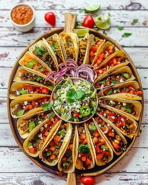 Easy Taco Recipe Dinner Board 2 Easy taco recipe dinner board with colorful toppings and tortillas.