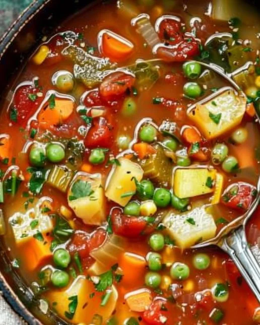 Bowl of easy vegetable soup with fresh ingredients and herbs