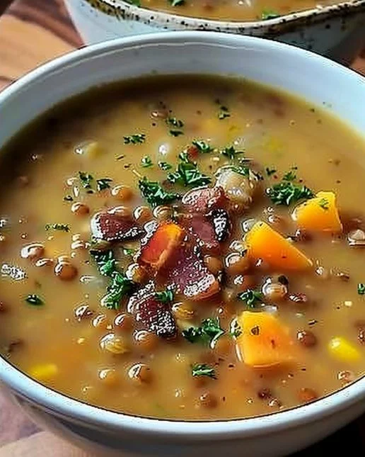Bowl of French Lentil Bacon Soup garnished with herbs and served warm