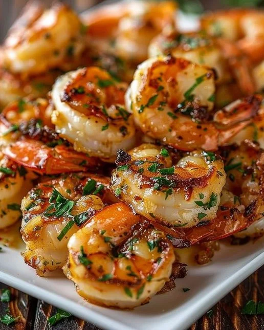 Garlic Parmesan Roasted Shrimp 2 Plate of garlic parmesan roasted shrimp garnished with parsley