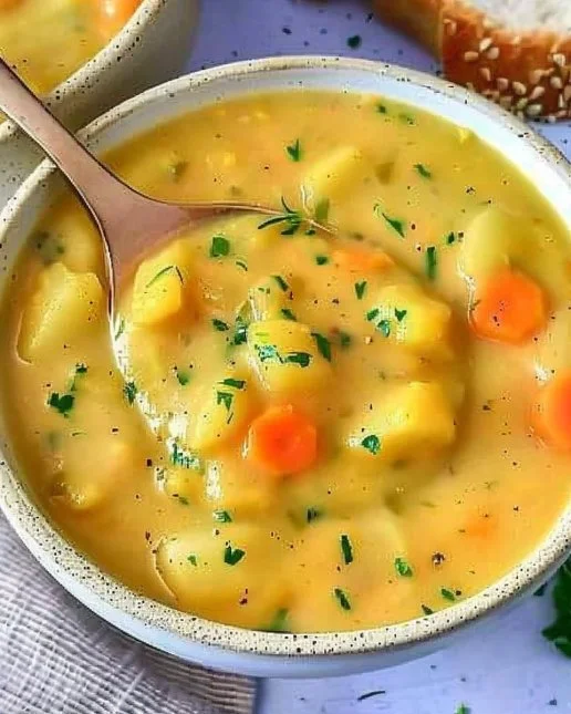 German Potato Soup 2 Bowl of creamy German potato soup garnished with fresh herbs