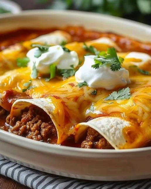 Delicious Ground Beef Enchiladas topped with cheese and fresh ingredients