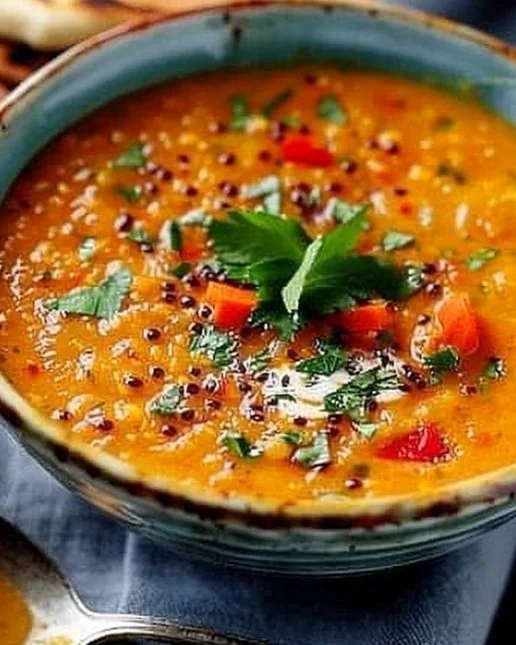 A bowl of hearty red lentil soup garnished with herbs.