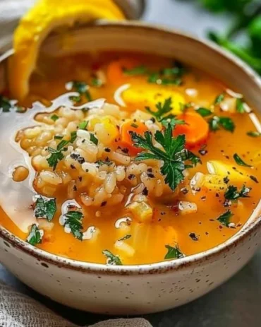 Bowl of Italian Penicillin Soup with fresh herbs and vegetables