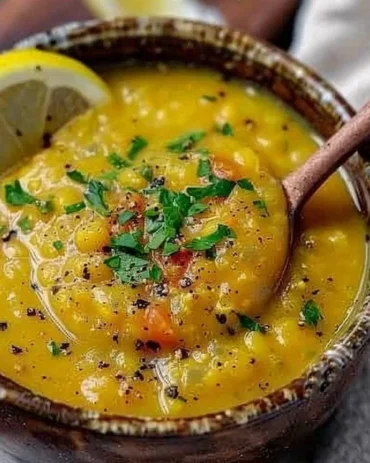 Bowl of delicious homemade lemon lentil soup with fresh herbs