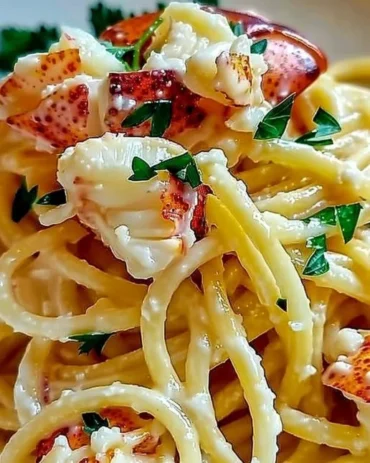 Plate of Lobster Bucatini with lobster pieces and rich creamy sauce