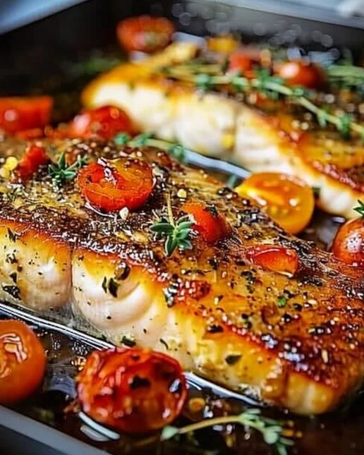 Mediterranean Baked Fish 2 Mediterranean baked fish topped with herbs and tomatoes on a plate.