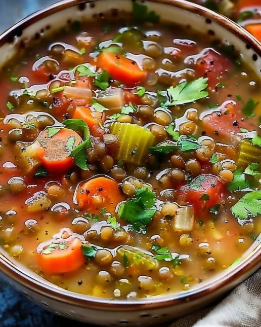 Mediterranean Lentil Soup 2 Bowl of Mediterranean Lentil Soup garnished with fresh herbs