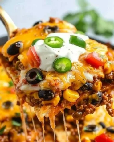 Delicious Mexican ground beef casserole topped with cheese and fresh ingredients