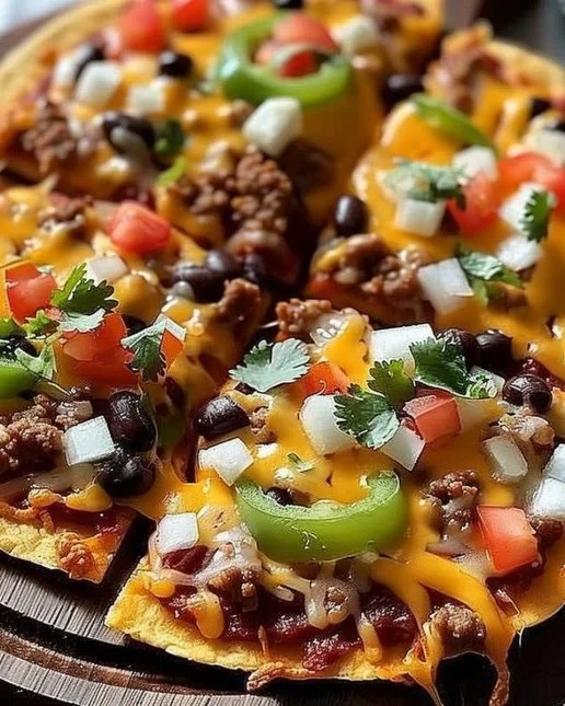 Delicious homemade Mexican Pizza topped with cheese, beans, and fresh vegetables