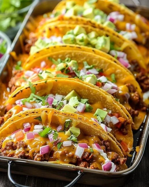 Delicious oven-baked cheesy tacos ready to serve.
