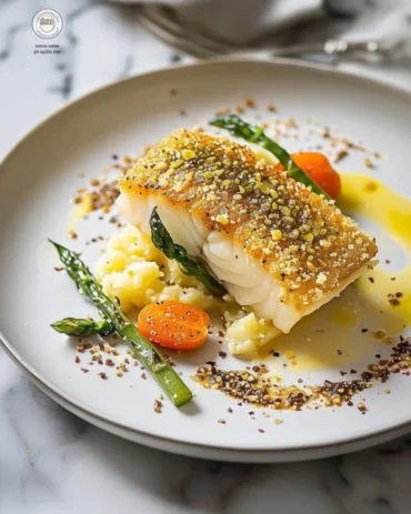 Parmesan-Crusted Sea Bass garnished with herbs on a white plate