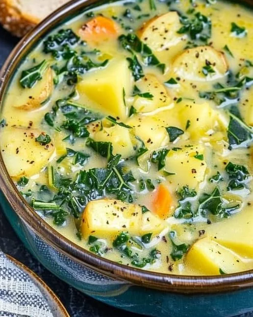 Potato Kale Soup 2 Bowl of creamy Potato Kale Soup garnished with herbs and served with bread.