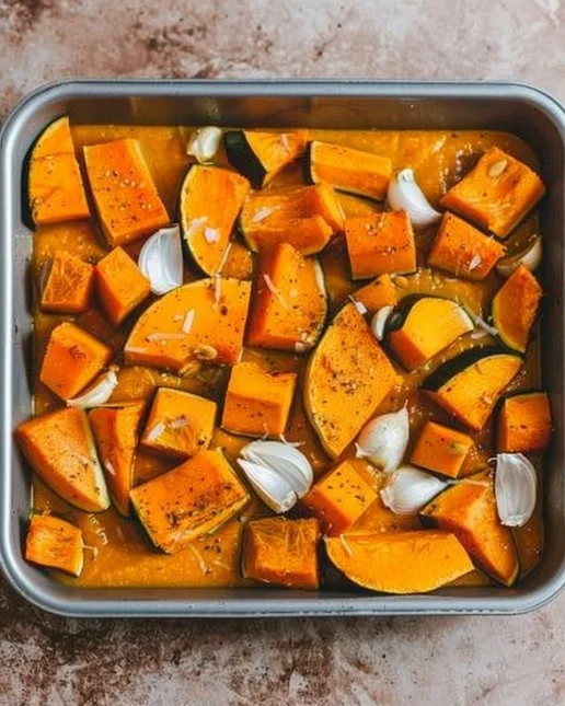 Bowl of roasted pumpkin soup garnished with herbs and cream