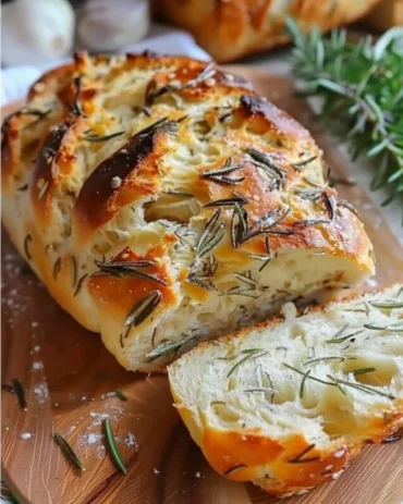 Freshly baked Rosemary Bread loaf with herbs on a wooden table