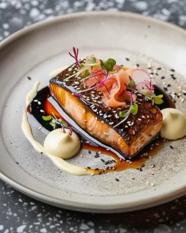Sake-Glazed Salmon garnished with sesame seeds on a plate.